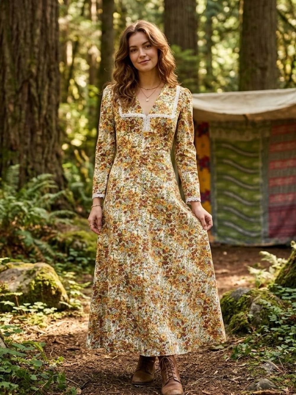 Vintage 1970 Handmade Floral Prairie Revival Cottagecore Boho Maxi Dress Medium